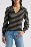 Caslonr Caslon(r) Long Sleeve Johnny Collar Polo In Olive Burnt- Navy Charm Stripe