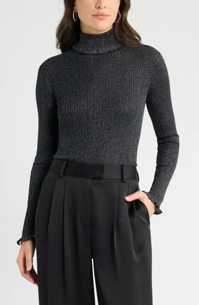 Caslonr Caslon(r) Metallic Ruffle Turtleneck Sweater In Black