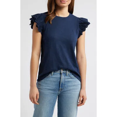 Caslonr Caslon(r) Mixed Media Eyelet Sleeve T-shirt In Navy Blazer
