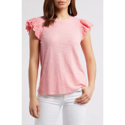Caslonr Caslon(r) Mixed Media Eyelet Sleeve T-shirt In Pink Geranium