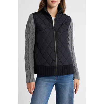 Caslonr Caslon(r) Mixed Media Quilted Sweater Jacket In Black- Grey Dark Heather