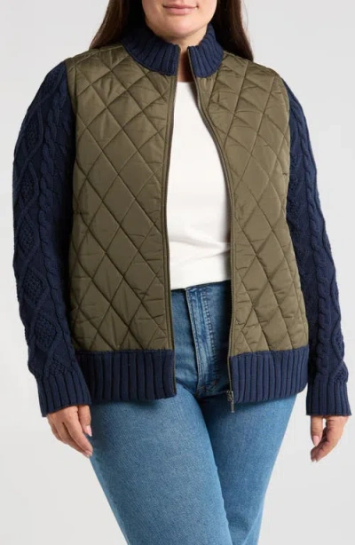 Caslonr Caslon(r) Mixed Media Quilted Sweater Jacket In Olive Sarma- Navy Blazer