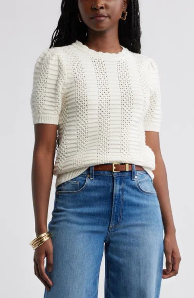 Caslonr Caslon(r) Mixed Stitch Short Sleeve Pima Cotton & Merino Wool Sweater In Ivory Pristine