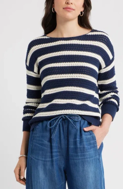 Caslonr Caslon(r) Open Stitch Cotton Blend Sweater In Navy- Ivory Matty Stripe