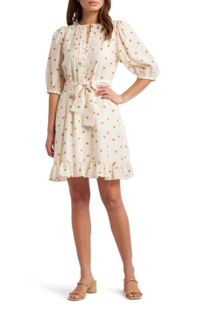 Caslonr Caslon(r) Pintuck Tie Waist Dress In Ivory- Brown Disorderly Dot