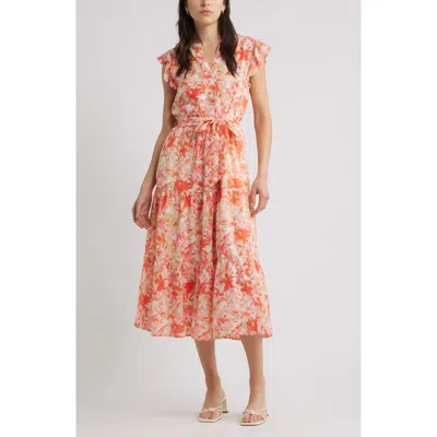 Caslonr Caslon(r) Print Ruffle Sleeve Tie Waist Midi Dress