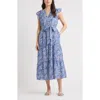 Caslonr Caslon(r) Print Ruffle Sleeve Tie Waist Midi Dress