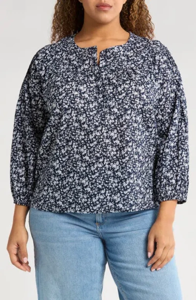 Caslonr Caslon(r) Print Split Neck Cotton Popover Top In Navy- White Aida Floral