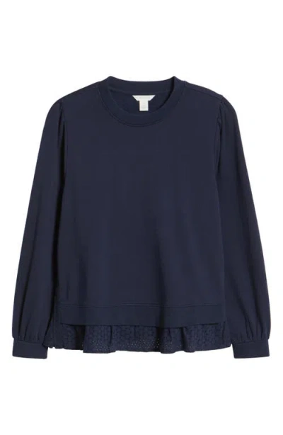 Caslonr Caslon(r) Puff Shoulder Mixed Media Sweatshirt In Navy Blazer