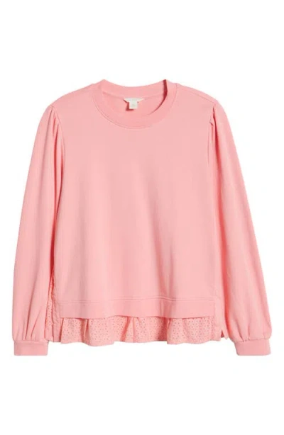 Caslonr Caslon(r) Puff Shoulder Mixed Media Sweatshirt In Pink Geranium