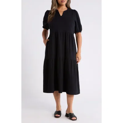 Caslonr Caslon(r) Puff Sleeve Cotton Gauze Midi Dress In Black