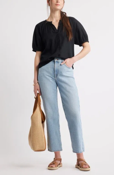 Caslonr Caslon(r) Puff Sleeve Linen Blend Button-up Shirt In Black