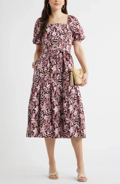 Caslonr Caslon(r) Puff Sleeve Linen Blend Midi Dress