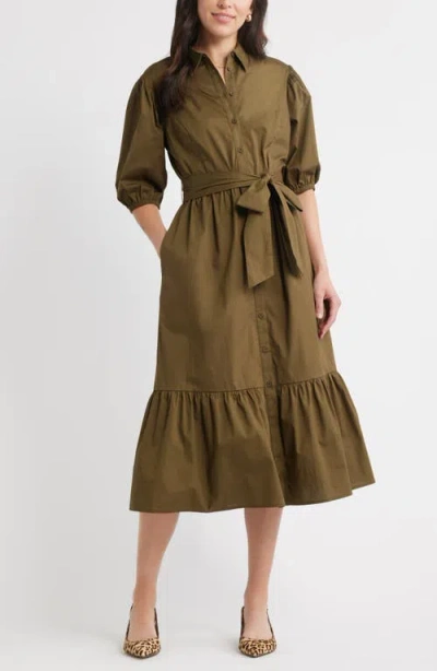 Caslonr Caslon(r) Puff Sleeve Stretch Cotton Shirtdress In Green