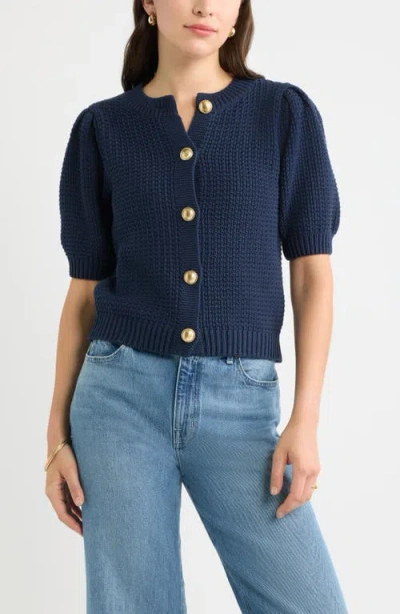 Caslonr Caslon(r) Puff Sleeve Textured Cotton Cardigan In Blue