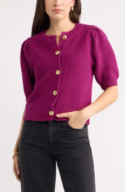 Caslonr Caslon(r) Puff Sleeve Textured Cotton Cardigan In Purple