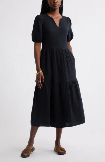Caslonr Caslon(r) Puff Sleeve Tiered Cotton Gauze Midi Dress In Black