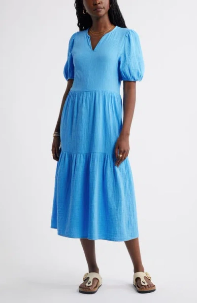 Caslonr Caslon(r) Puff Sleeve Tiered Cotton Gauze Midi Dress In Blue