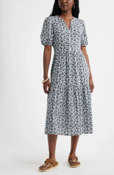 Caslonr Caslon(r) Puff Sleeve Tiered Cotton Gauze Midi Dress In Gray