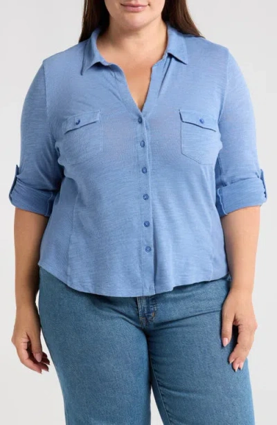 Caslonr Caslon(r) Roll Sleeve Knit Button-up Shirt In Blue Colony