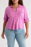 Caslonr Caslon(r) Roll Sleeve Knit Button-up Shirt In Pink Rosebud