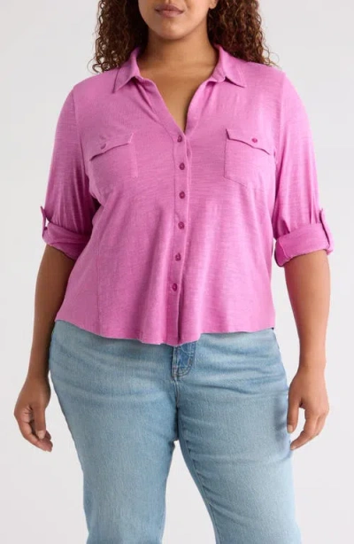 Caslonr Caslon(r) Roll Sleeve Knit Button-up Shirt In Pink Rosebud