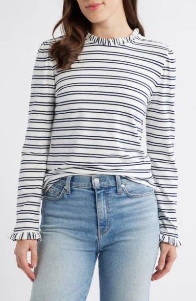 Caslonr Caslon(r) Ruffle Detai Top In Ivory- Navy Nancy Stripe