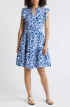 Caslonr Caslon(r) Ruffle Duo Cotton Gauze Dress In White- Blue Kindred Flower