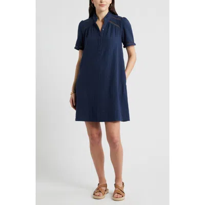 Caslonr Caslon(r) Ruffle Embroidered Inset Cotton Shift Dress In Blue