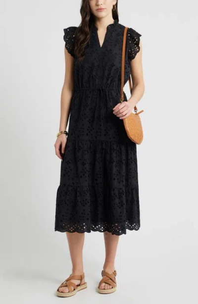 Caslonr Caslon(r) Ruffle Flutter Sleeve Cotton Broderie Anglaise Midi Dress In Black
