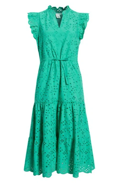 Caslonr Caslon(r) Ruffle Flutter Sleeve Cotton Broderie Anglaise Midi Dress In Green