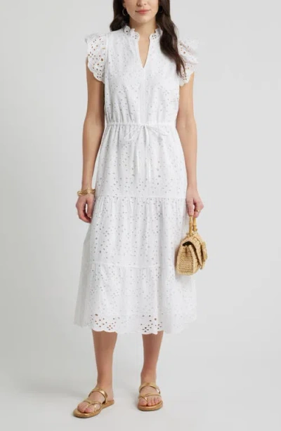 Caslonr Caslon(r) Ruffle Flutter Sleeve Cotton Broderie Anglaise Midi Dress In White