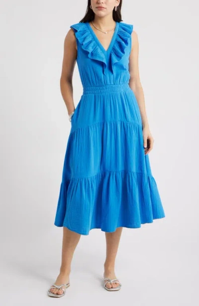 Caslonr Caslon(r) Ruffle Sleeveless Tiered Cotton Midi Dress In Blue