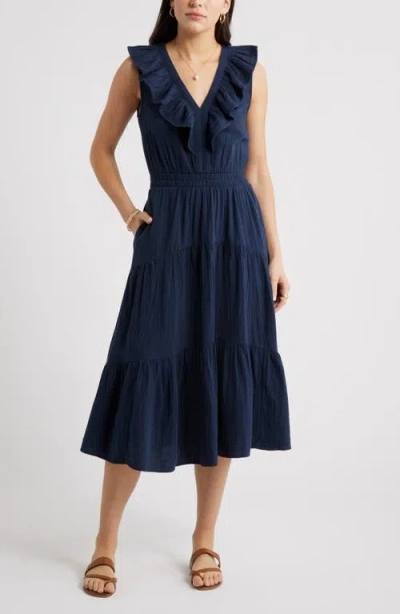 Caslonr Caslon(r) Ruffle Sleeveless Tiered Cotton Midi Dress In Blue