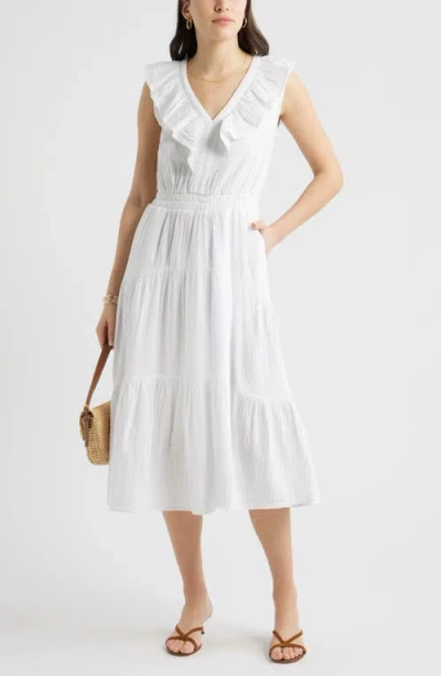 Caslonr Caslon(r) Ruffle Sleeveless Tiered Cotton Midi Dress In White