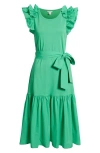 Caslonr Caslon(r) Ruffle Tie Waist Mixed Media Dress In Green Celtic