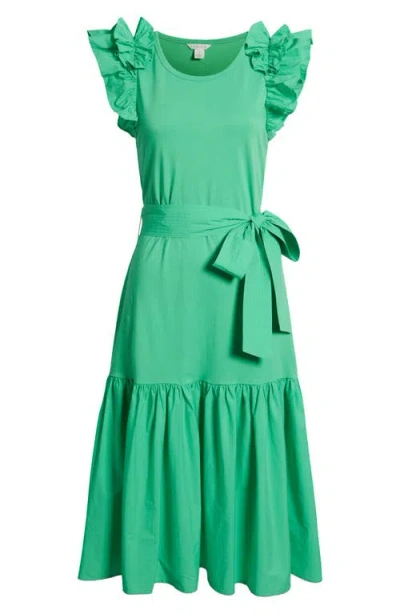 Caslonr Caslon(r) Ruffle Tie Waist Mixed Media Dress In Green Celtic