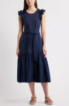 Caslonr Caslon(r) Ruffle Tie Waist Mixed Media Dress In Navy Blazer