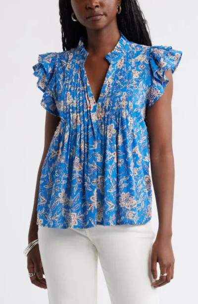 Caslonr Caslon(r) Ruffled Pleated Top In Blue- Pink Paisley Floral
