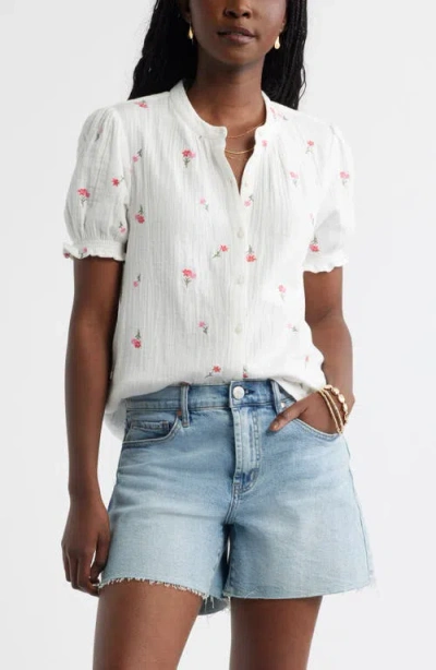 Caslonr Caslon(r) Short Sleeve Embroidered Flower Cotton Popover Top In Blue