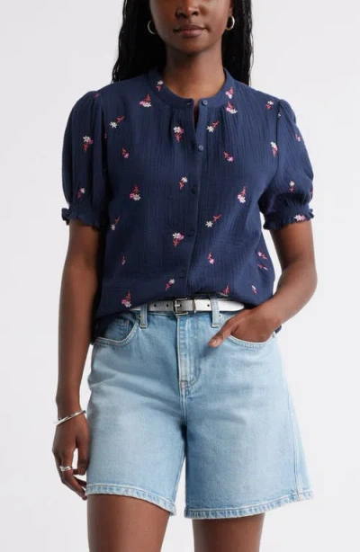 Caslonr Caslon(r) Short Sleeve Embroidered Flower Cotton Popover Top In Blue