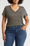 Caslonr Caslon(r) Short Sleeve V-neck T-shirt In Olive Burnt- Navy Charm Stripe