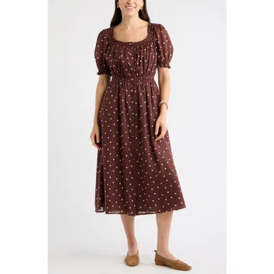 Caslonr Caslon(r) Smocked Midi Dress In Brown Ivory Toss Dot