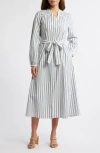 Caslonr Caslon(r) Smocked Shoulder Long Sleeve Cotton Midi Dress In Ivory-blue Ensign Sandy Stripe