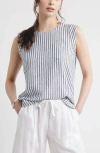 Caslonr Caslon(r) Stripe Cap Sleeve Linen Blend Top