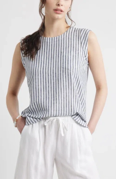 Caslonr Caslon(r) Stripe Cap Sleeve Linen Blend Top
