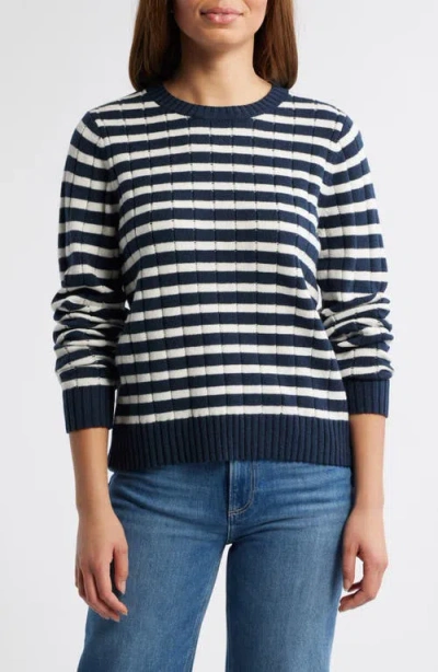 Caslonr Caslon(r) Stripe Crewneck Rib Sweater In Navy Blazer- Ivory Stripe