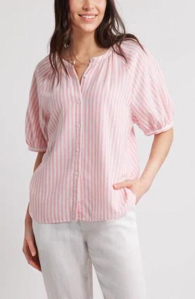 Caslonr Caslon(r) Stripe Linen Blend Puff Sleeve Top In Pink- White Brianne Stripe