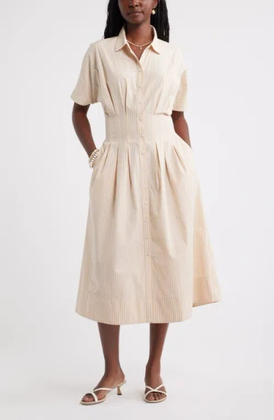 Caslonr Caslon(r) Stripe Pleated Dolman Sleeve Midi Shirtdress In Neutral