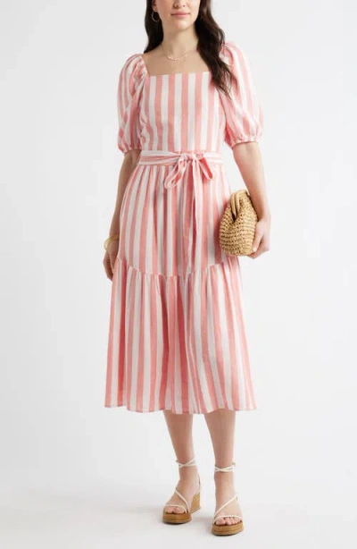 Caslonr Caslon(r) Stripe Puff Sleeve Tiered Midi Dress